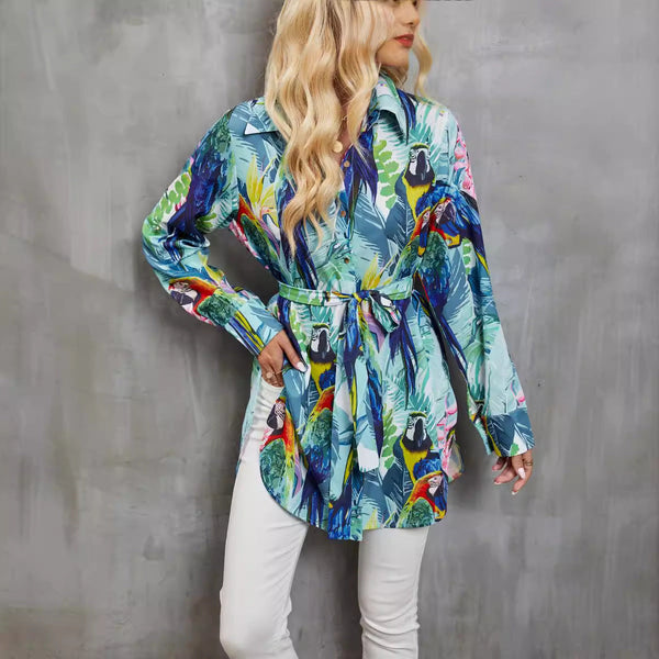 Women’s Long Sleeve Shirt – Tropical Print – Relaxed Fit – Waist Tie – Button Down