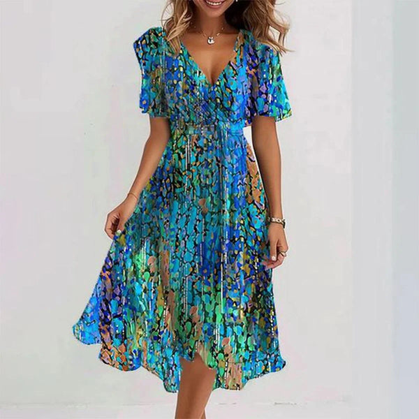 Women's Wrap Dress - V-Neck - Short Flutter Sleeve - Cinched Waist - Midi A-Line