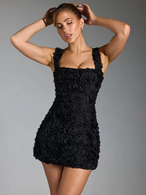 Women’s Mini Dress – Fitted Silhouette – 3D Floral Appliqué – Straight Neckline