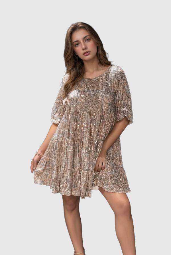 Comfy Sequins Baby Doll Dress - Sparkling Loose-Fit Mini for Parties and Celebrations