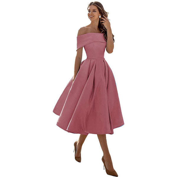 Women's Off-Shoulder A-Line Dress - Elegant Fit - Pleated Flared Skirt - Formal Wear