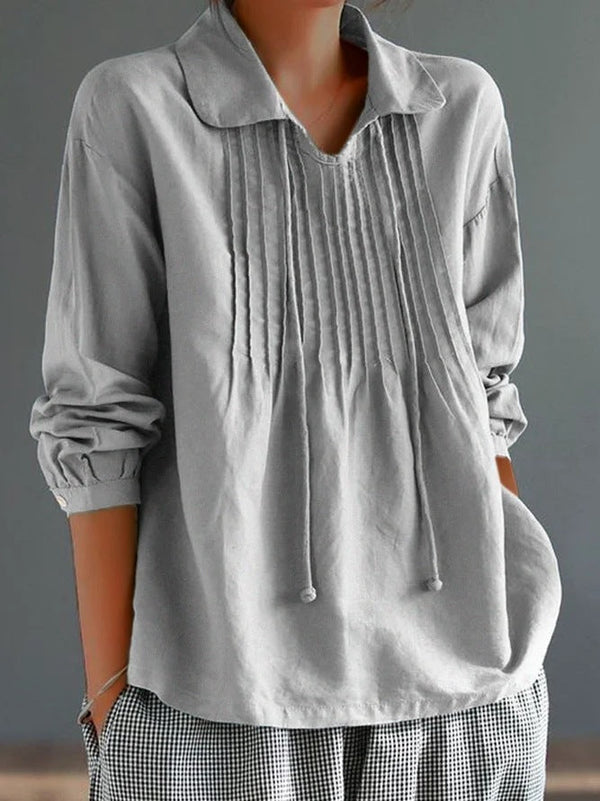 Women’s Long Sleeve Shirt – Cotton Linen Blend – Relaxed Fit – Pleated Front – Drawstring