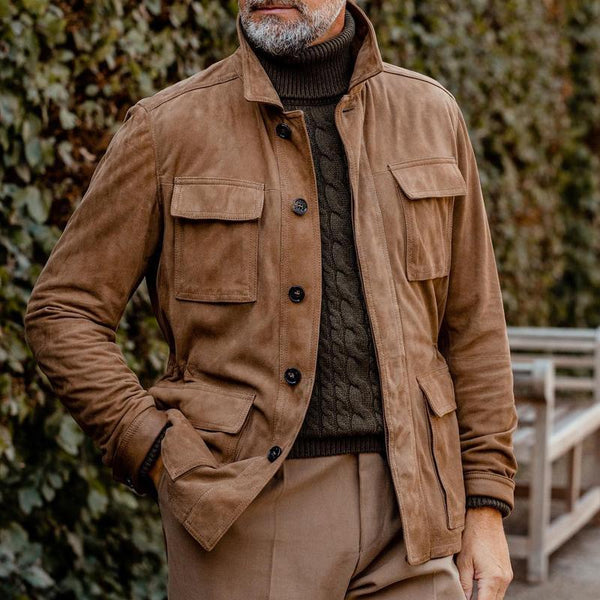 Men's Vintage Lapel Multi Pocket Solid Suede Jacket
