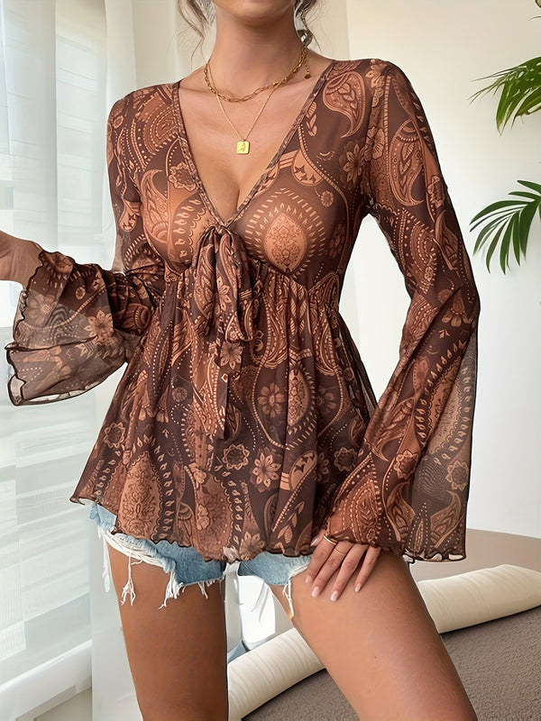 Women's Bohemian Blouse - Paisley Pattern - V-Neck - Flared Sleeves - Lightweight Sheer Fit