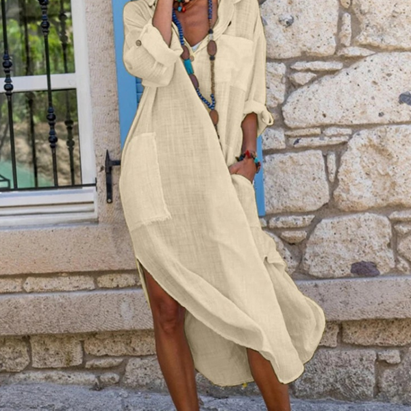 Women's Shirt Dress - Cotton Linen - Relaxed Fit - Button Front - Long Flowing Style
