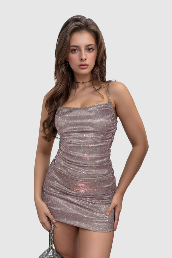 Glitter Ruched Chain Strap Mini Cami Dress