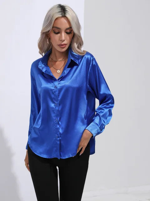 Women's elegant loose satin long sleeve blouse