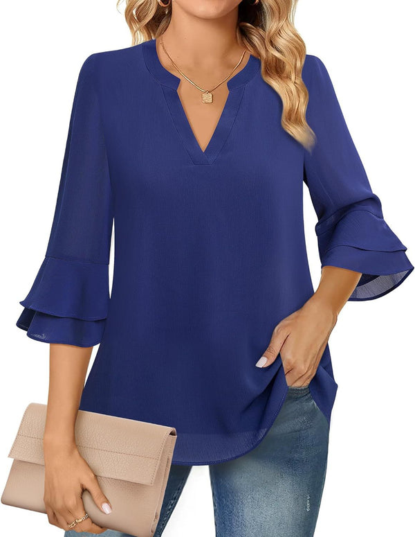 Ruffle sleeve blouse with V-neckline for women