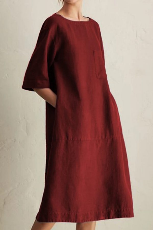 Women's Knee-Length Dress - Loose Fit - Half Sleeve - Round Neck - Breathable Linen