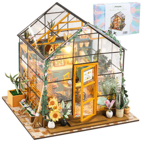 Miniature Greenhouse DIY Kit – Wooden Garden Dollhouse with LED & Furniture