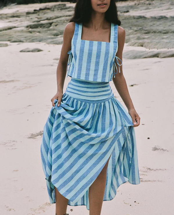 Women's Two-Piece Outfit - Sleeveless Crop Top & Midi Skirt - Striped - Lightweight Fit