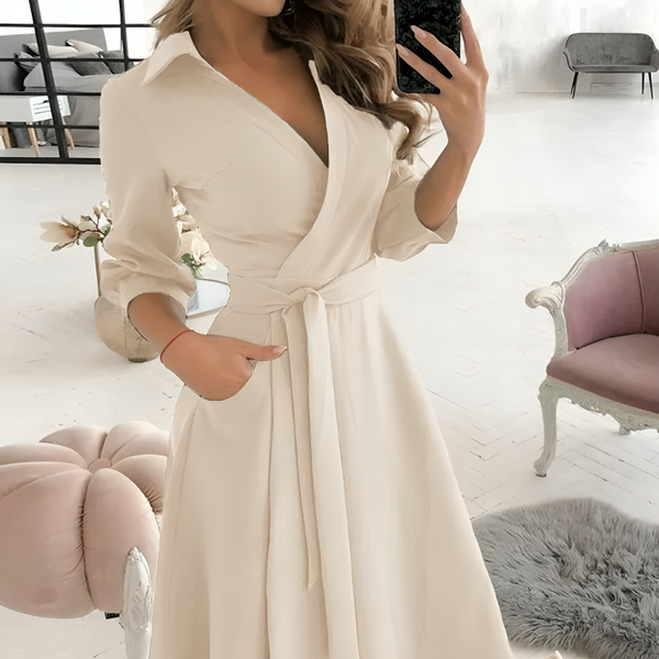 Women's Wrap Dress - V-Neck - Self-Tie Waist - 3/4 Sleeve - Flowy A-Line Silhouette
