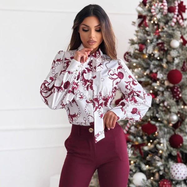 Women’s Long Sleeve Shirt – Tailored Fit – Bow Tie Collar – Printed Design – Button Cuffs