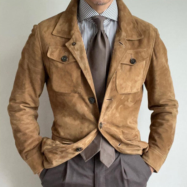 Men's Vintage Solid Suede Lapel Multi-Pocket Jacket