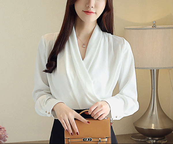 Women's soft pleated draped blouse with long sleeves